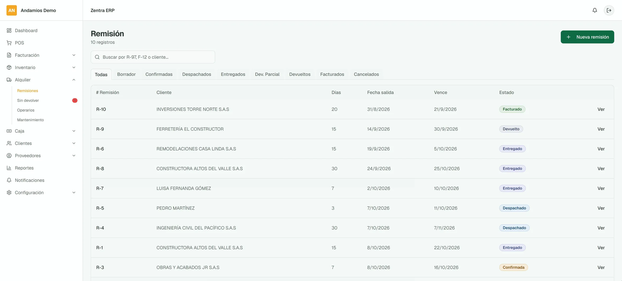 La lista de remisiones de Zentra ERP con su estado: confirmada, despachada, entregada, devuelta y facturada