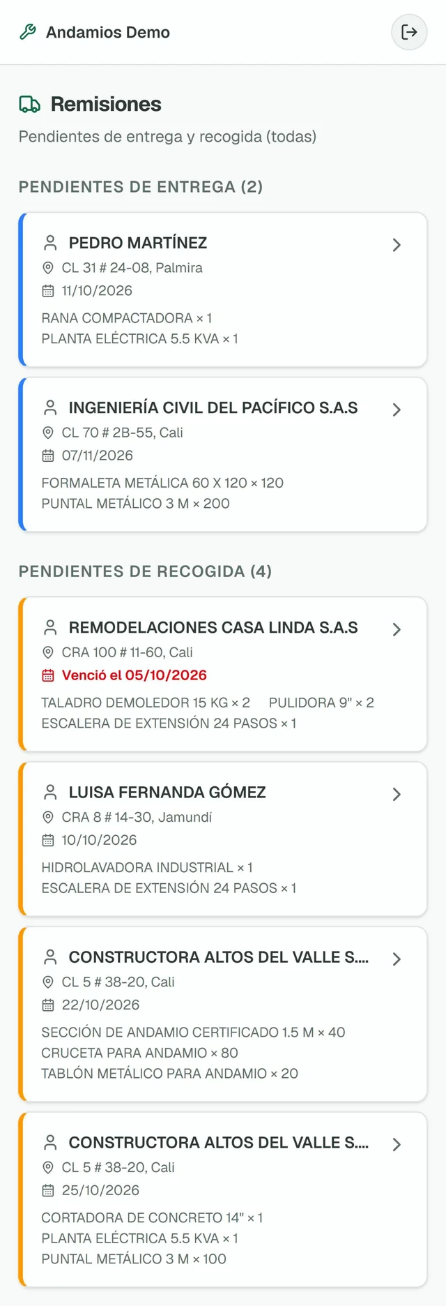 Lista del conductor con las entregas y las recogidas pendientes